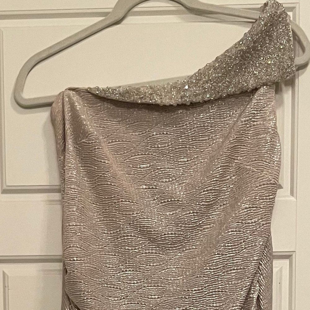 Cachet, One Shoulder Full Length Gown, Champagne Silver, Bead neck, Size 8, NWOT